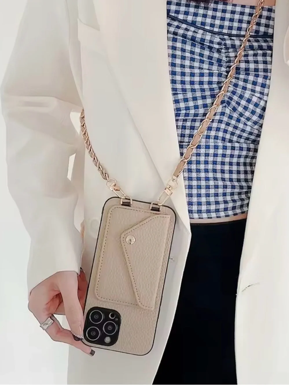 Iphone 17 Light Brown Crossbody Phone/Purse Case with Gold Chain, Brandnew